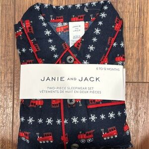 Janie and Jack Navy Pajama Set with Red Train Design 6-12 months baby
